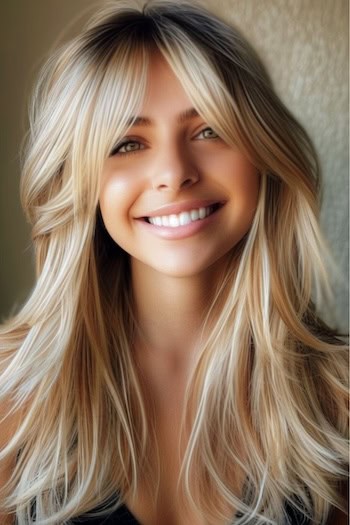 Long Blonde Layers with Curtain Bangs