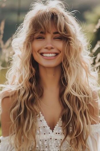 Tousled Layered Blonde Waves with Full Bangs