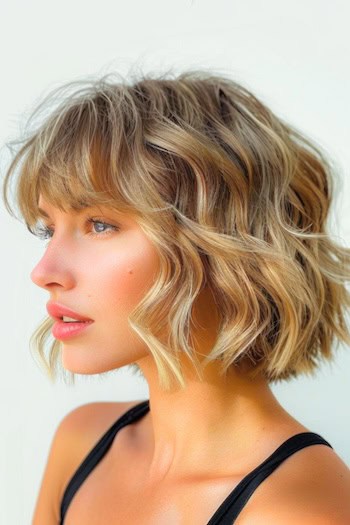 Wavy Blunt Bob with Bangs