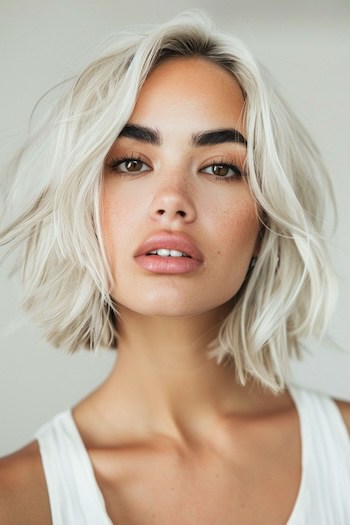 White Platinum Blonde with Dark Roots Wavy Bob