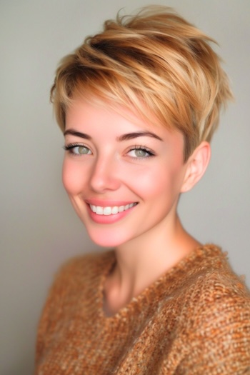 Honey Blonde Pixie with Subtle Highlights