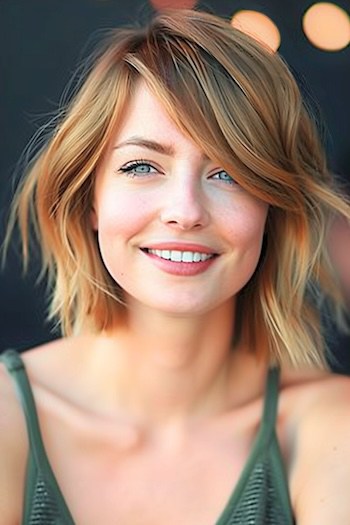 Textured Layered Bob with Side-Swept Bangs