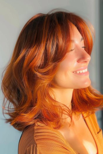 Honey Copper Lob with Curtain Bangs