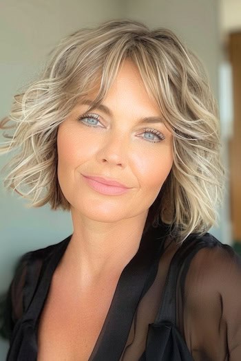 Textured Wavy Bob with Side-Swept Bangs