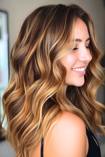 Caramel Honey Blonde Highlights on Dark Brown Hair