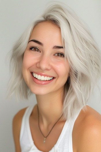 Textured Ash Blonde Platinum Lob with Side Part