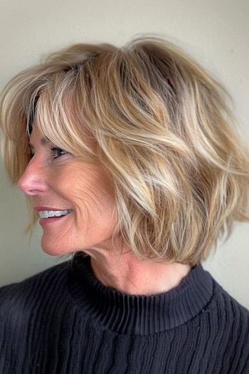 Tousled Wavy Bob with Bangs for Fine Hair