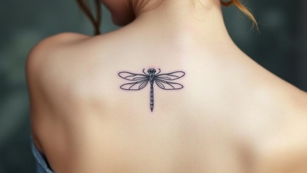 stylized dragonfly back tattoo