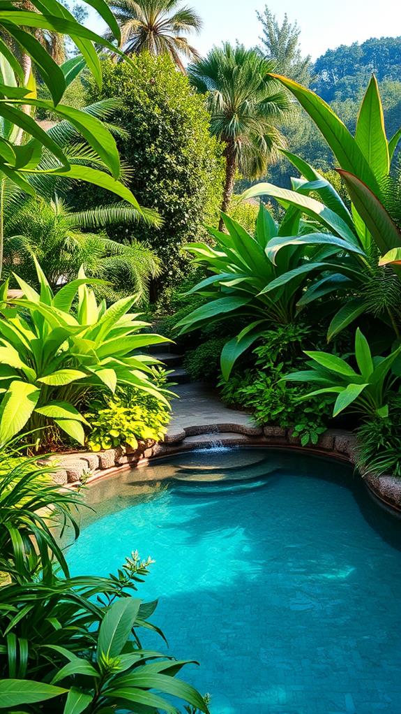 vibrant garden surrounding pool